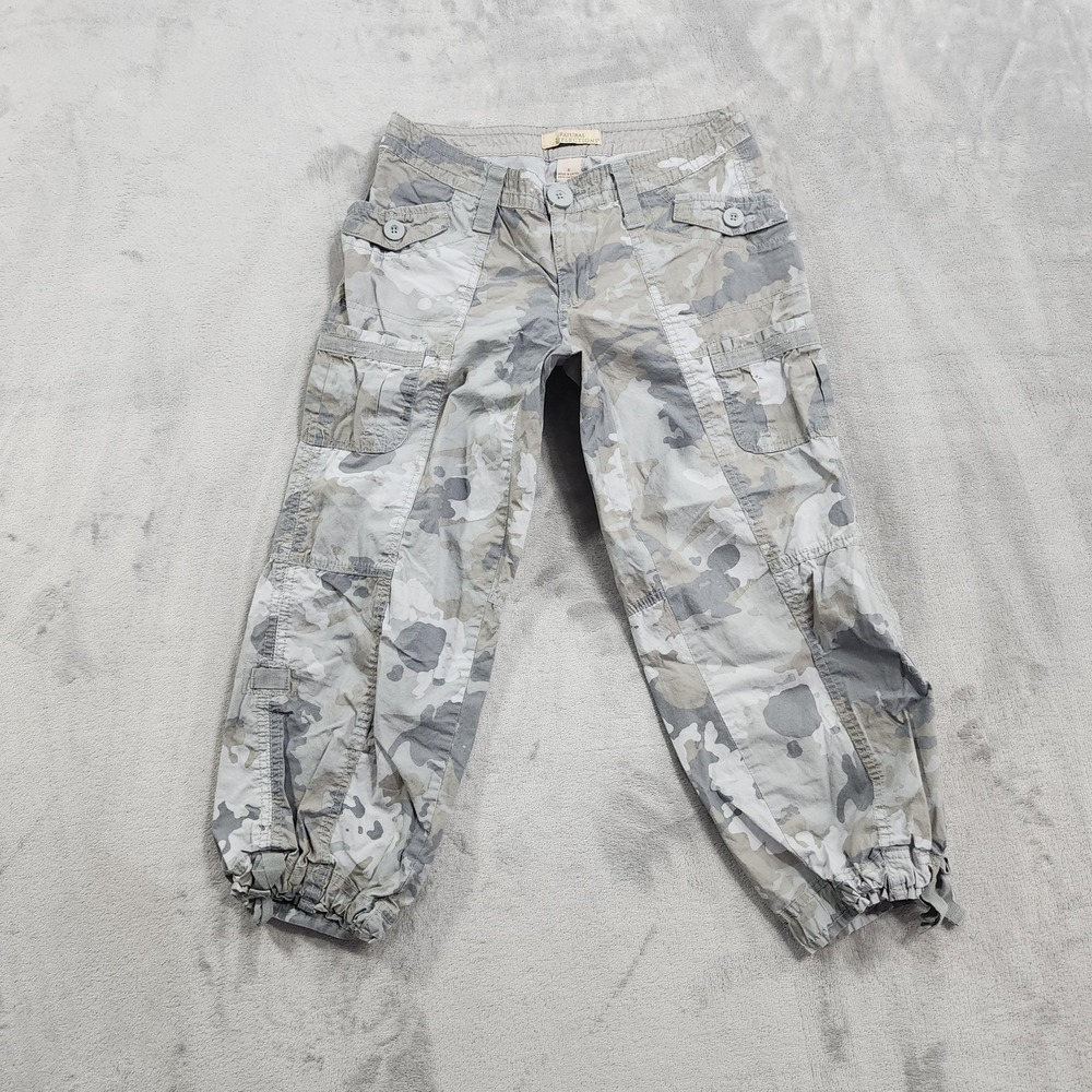 Natural Reflections Pants Womens 4 Gray Camo Cargo Crop Elastic Hem Casual